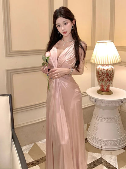 Sexy Mermaid V Neck Pink Open Back Backless 18th Birthday Elegant Outfit Summer Wedding Guest Dresses N4039