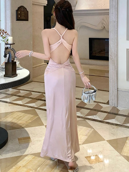 Sexy Mermaid V Neck Pink Open Back Backless 18th Birthday Elegant Outfit Summer Wedding Guest Dresses N4039