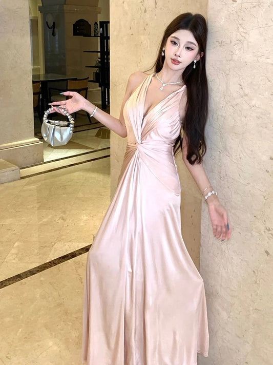 Sexy Mermaid V Neck Pink Open Back Backless 18th Birthday Elegant Outfit Summer Wedding Guest Dresses N4039