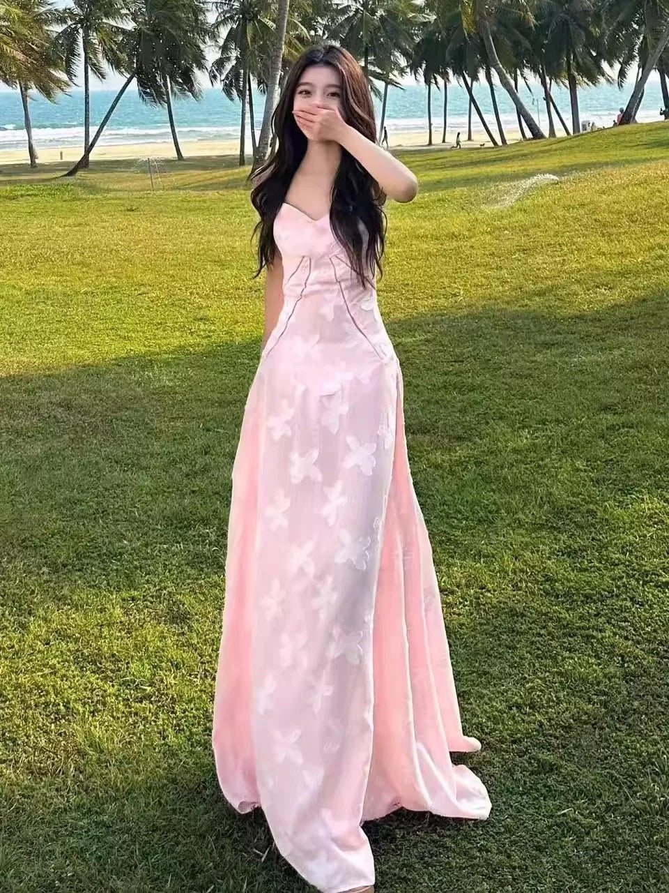 Classy Prom Dresses A Line Spaghetti Strap Pink Lace Evening Gown Long Formal Dress N4042