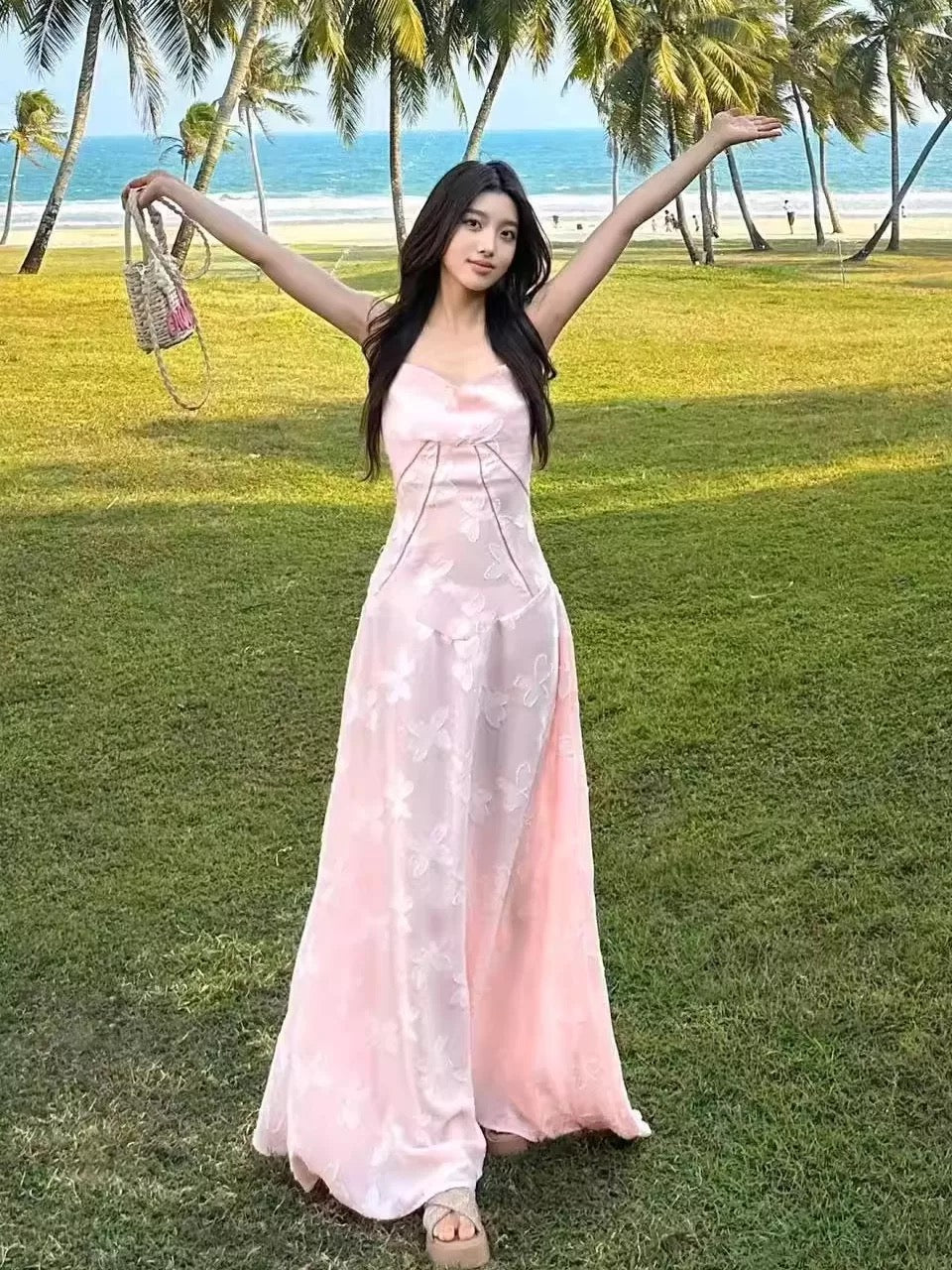 Classy Prom Dresses A Line Spaghetti Strap Pink Lace Evening Gown Long Formal Dress N4042