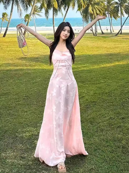 Classy Prom Dresses A Line Spaghetti Strap Pink Lace Evening Gown Long Formal Dress N4042