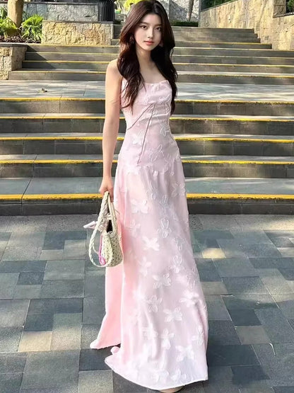 Classy Prom Dresses A Line Spaghetti Strap Pink Lace Evening Gown Long Formal Dress N4042