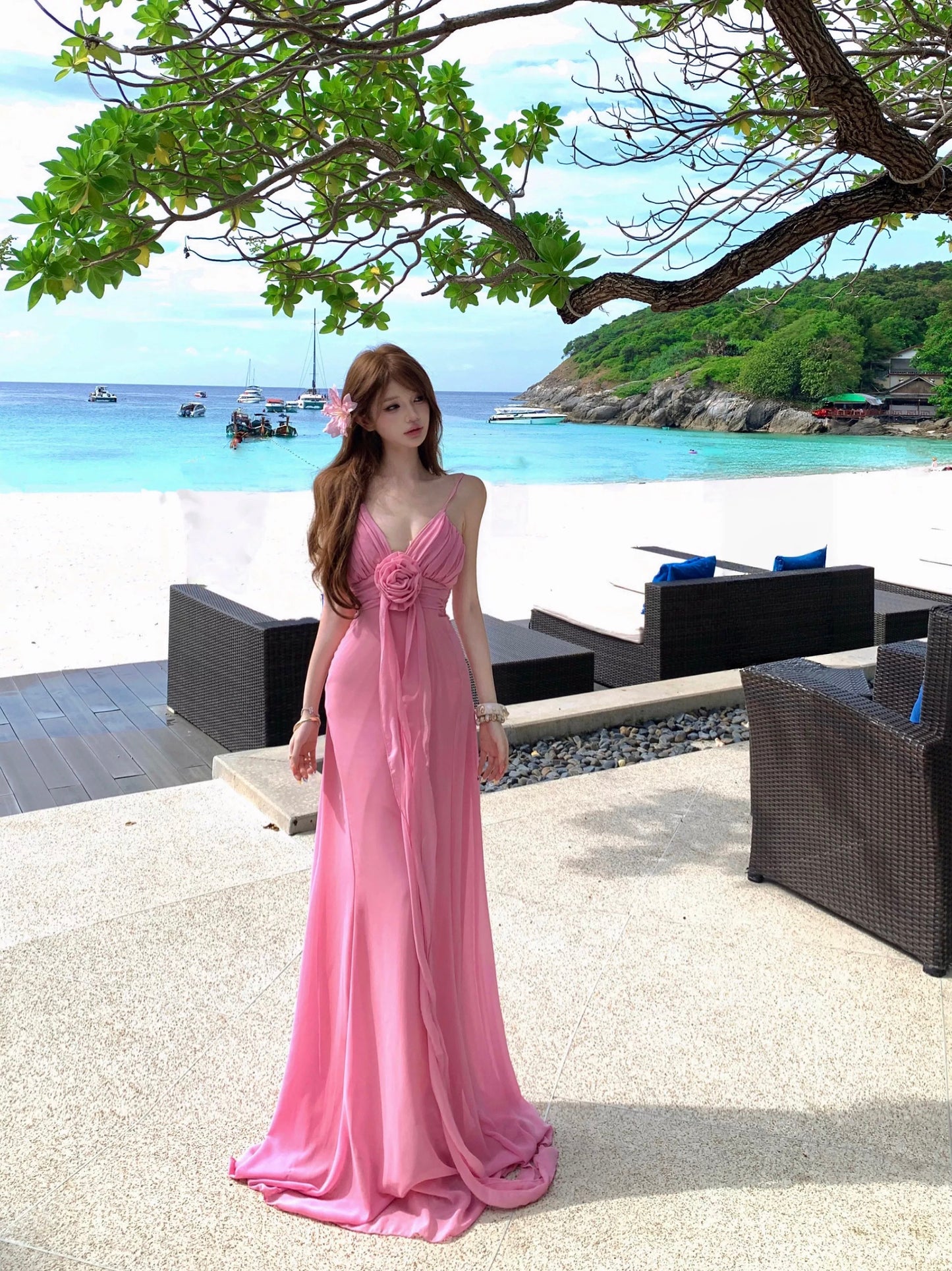 Sexy Mermaid Spaghetti Strap Pink Chiffon 21st Birthday Elegant Outfit Summer Wedding Guest Dresses N4043