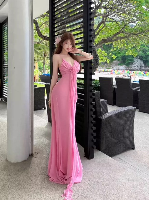 Sexy Mermaid Spaghetti Strap Pink Chiffon 21st Birthday Elegant Outfit Summer Wedding Guest Dresses N4043