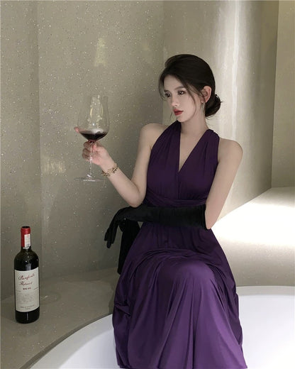 Sexy A line Halter Grape Chiffon Backless 18th Birthday Elegant Outfit Summer Wedding Guest Dresses N4044