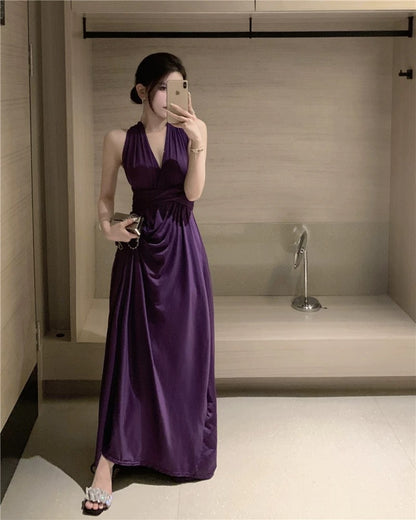 Sexy A line Halter Grape Chiffon Backless 18th Birthday Elegant Outfit Summer Wedding Guest Dresses N4044