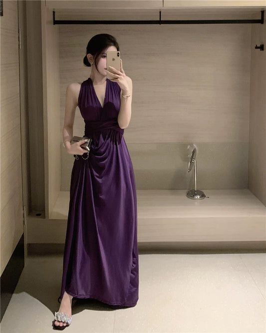 Sexy A line Halter Grape Chiffon Backless 18th Birthday Elegant Outfit Summer Wedding Guest Dresses N4044