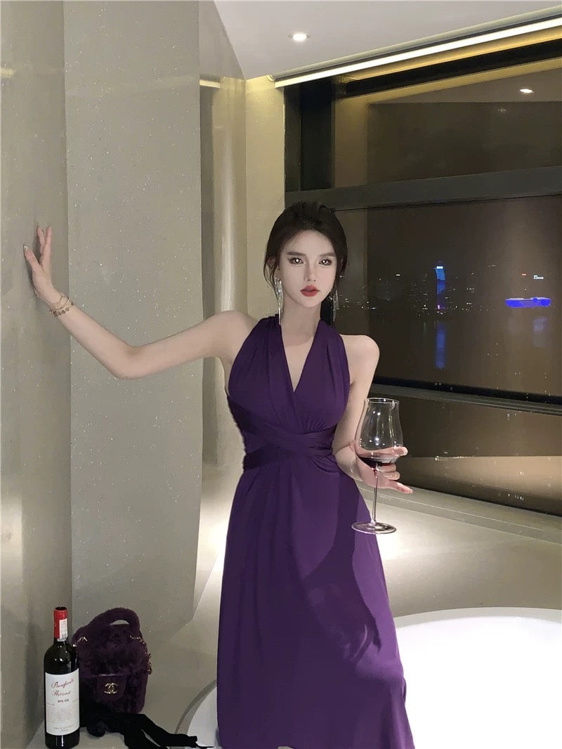 Sexy A line Halter Grape Chiffon Backless 18th Birthday Elegant Outfit Summer Wedding Guest Dresses N4044