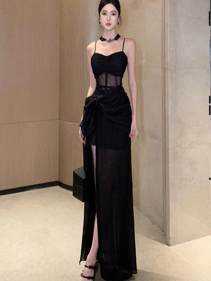 Sexy Mermaid Spaghetti Strap Black Tie 18th Birthday Elegant Outfit Summer Wedding Guest Dresses N4045