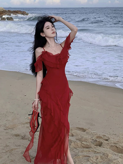 Mermaid Spaghetti Strap Burgundy Chiffon 18th Birthday Elegant Outfit Knee Length Wedding Guest Dresses N4050