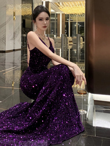 Mermaid Spaghetti Strap Purple Sequin 18th Birthday Elegant Outfit Long Prom Wedding Guest Dresses N4052