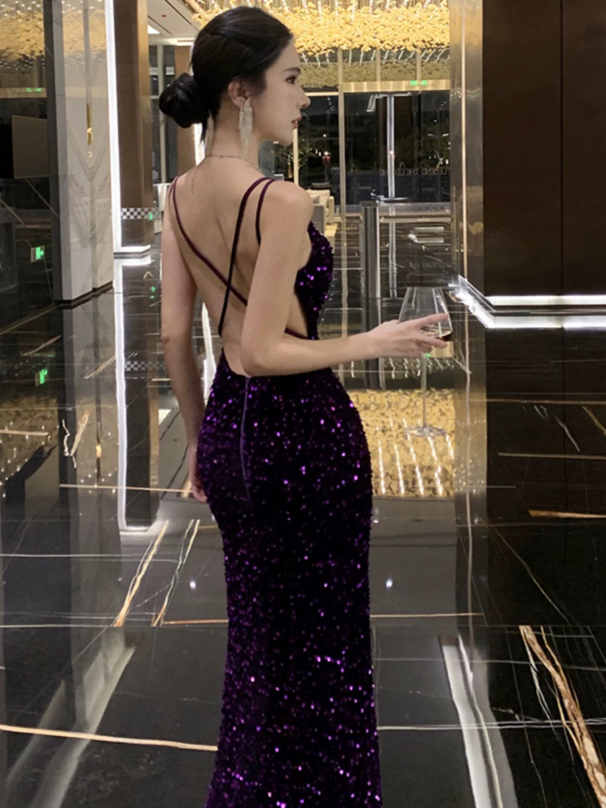 Mermaid Spaghetti Strap Purple Sequin 18th Birthday Elegant Outfit Long Prom Wedding Guest Dresses N4052