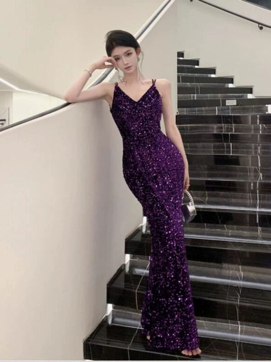 Mermaid Spaghetti Strap Purple Sequin 18th Birthday Elegant Outfit Long Prom Wedding Guest Dresses N4052