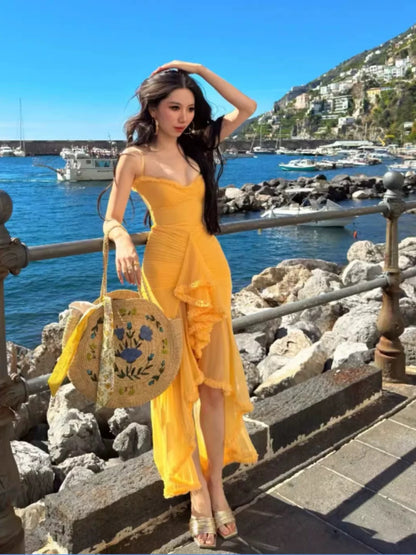 Mermaid Spaghetti Strap Yellow Chiffon 18th Birthday Elegant Outfit Prom Wedding Guest Dresses N4055