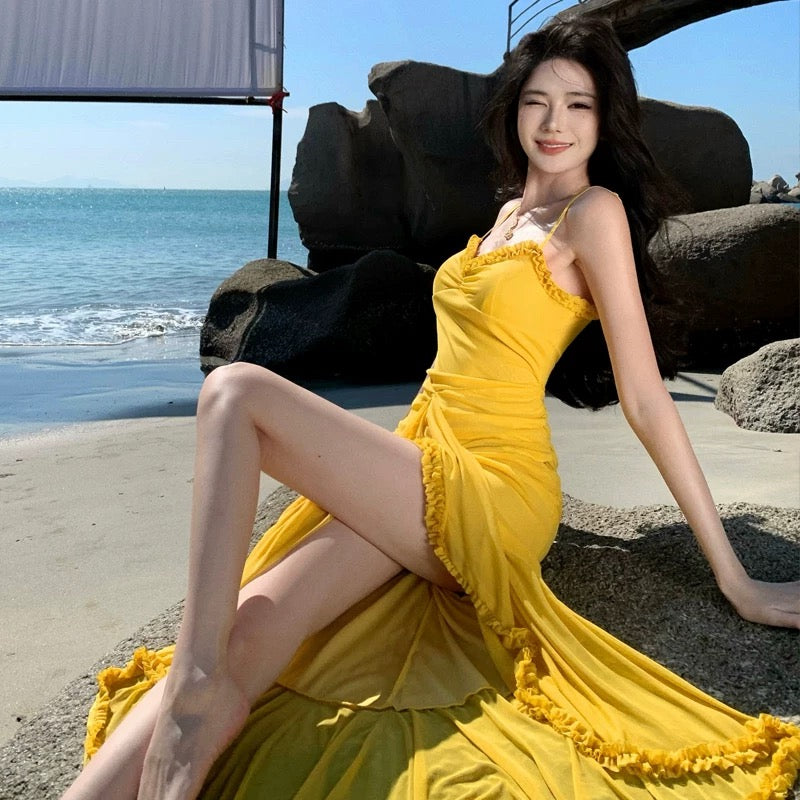 Mermaid Spaghetti Strap Yellow Chiffon 18th Birthday Elegant Outfit Prom Wedding Guest Dresses N4055