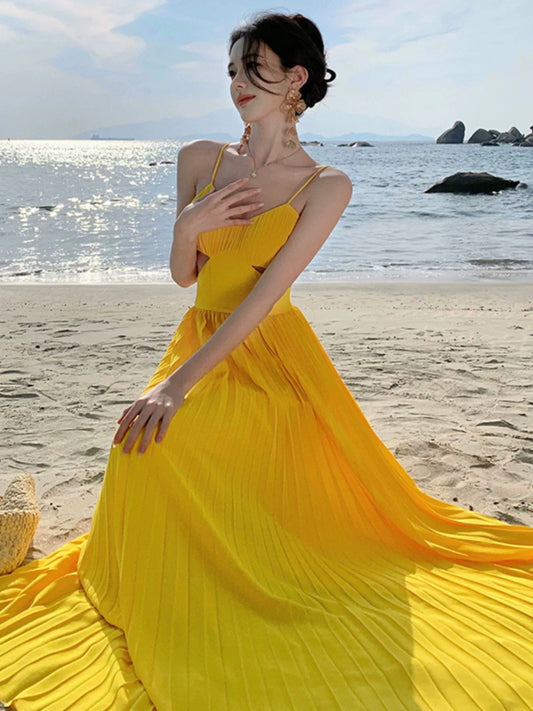 A line Spaghetti Strap Yellow Chiffon Prom Dress 21st Birthday Elegant Outfit Summer Wedding Guest Dresses N4056