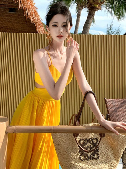 A line Spaghetti Strap Yellow Chiffon Prom Dress 21st Birthday Elegant Outfit Summer Wedding Guest Dresses N4056