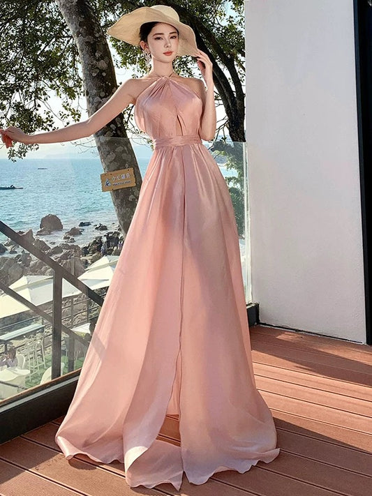 A Line Halter Blush Pink Backless 18th Birthday Elegant Outfit Prom Wedding Guest Dresses N4057