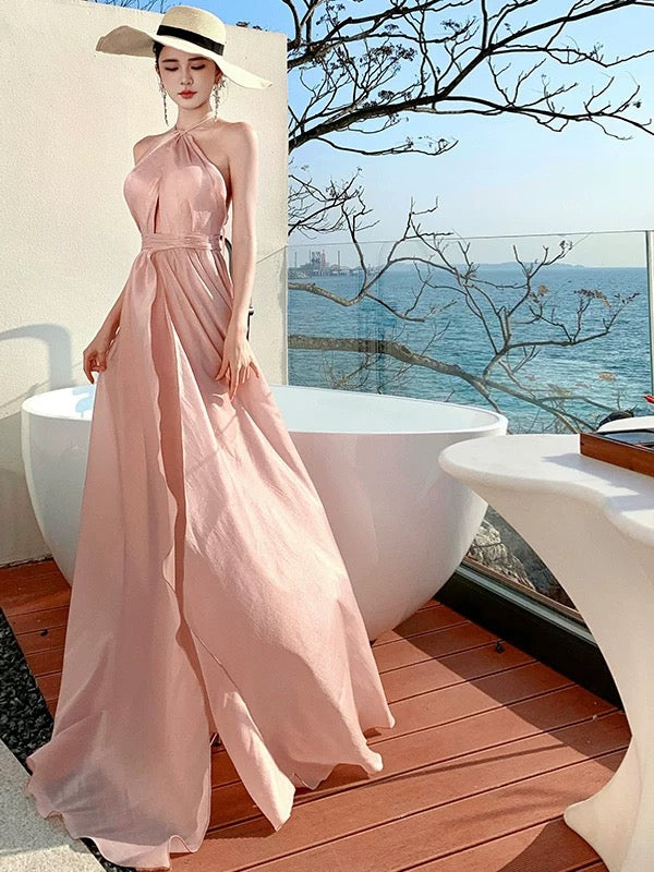 A Line Halter Blush Pink Backless 18th Birthday Elegant Outfit Prom Wedding Guest Dresses N4057
