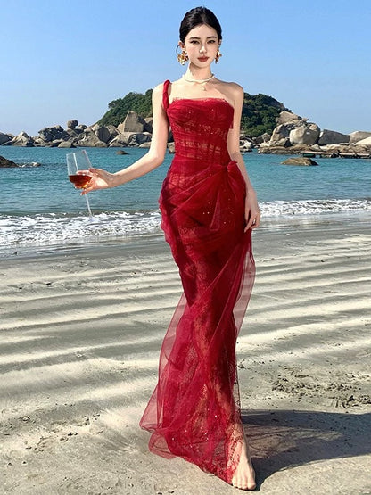 Mermaid One Shoulder Burgundy Lace 18th Birthday Elegant Outfit Prom Wedding Guest Dresses N4060