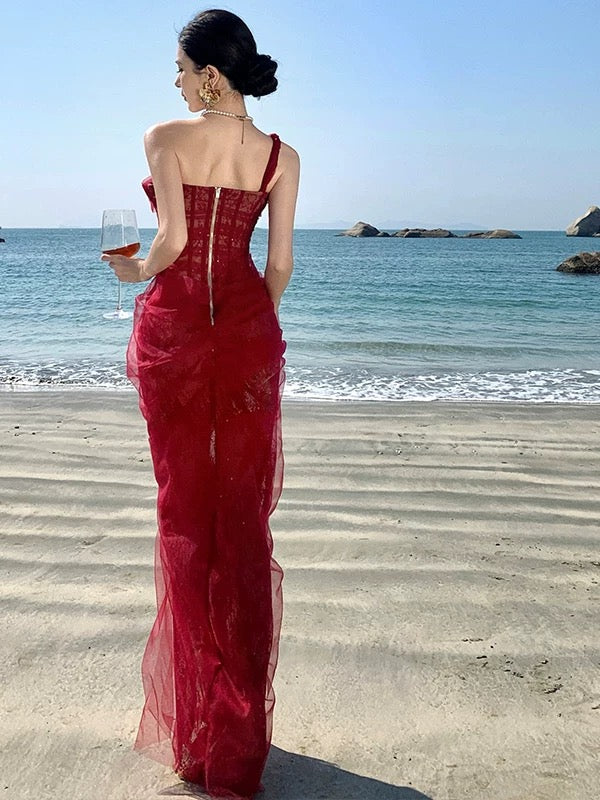 Mermaid One Shoulder Burgundy Lace 18th Birthday Elegant Outfit Prom Wedding Guest Dresses N4060