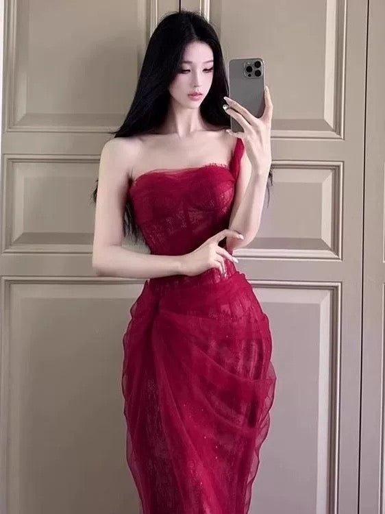 Mermaid One Shoulder Burgundy Lace 18th Birthday Elegant Outfit Prom Wedding Guest Dresses N4060