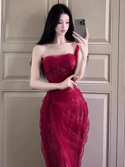 Mermaid One Shoulder Burgundy Lace 18th Birthday Elegant Outfit Prom Wedding Guest Dresses N4060