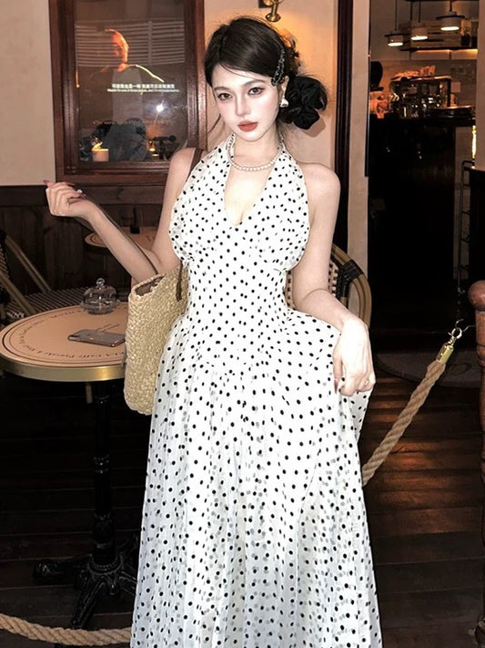 A line Halter Black Polka Dots Prom Dress 21st Birthday Elegant Outfit Summer Wedding Guest Dresses N4061