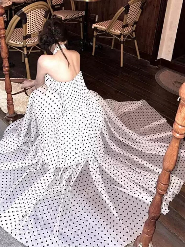 A line Halter Black Polka Dots Prom Dress 21st Birthday Elegant Outfit Summer Wedding Guest Dresses N4061
