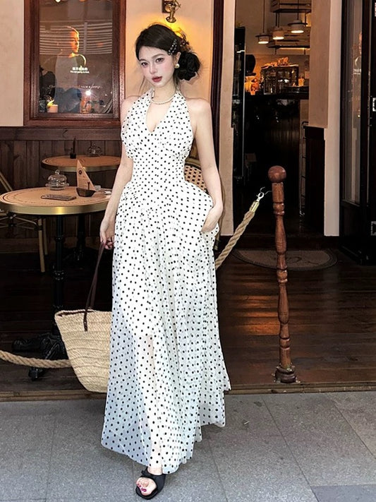 A line Halter Black Polka Dots Prom Dress 21st Birthday Elegant Outfit Summer Wedding Guest Dresses N4061