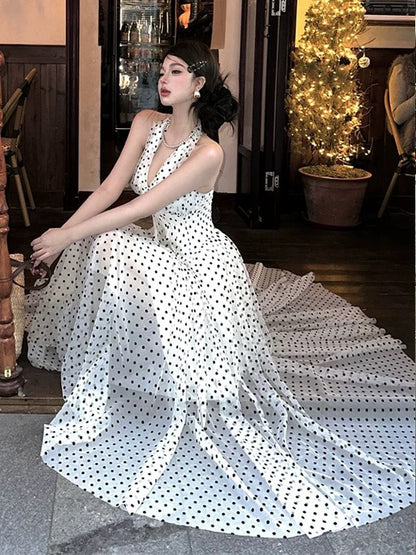 A line Halter Black Polka Dots Prom Dress 21st Birthday Elegant Outfit Summer Wedding Guest Dresses N4061