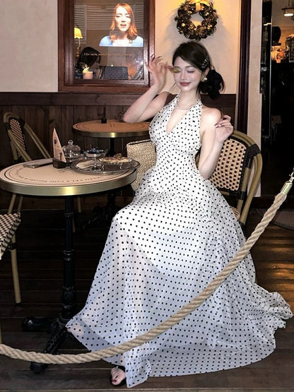 A line Halter Black Polka Dots Prom Dress 21st Birthday Elegant Outfit Summer Wedding Guest Dresses N4061