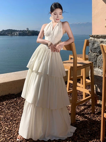 A line Halter White Chiffon Prom Dress 21st Birthday Elegant Outfit Summer Wedding Guest Dresses N4062
