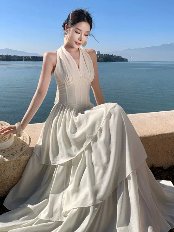 A line Halter White Chiffon Prom Dress 21st Birthday Elegant Outfit Summer Wedding Guest Dresses N4062