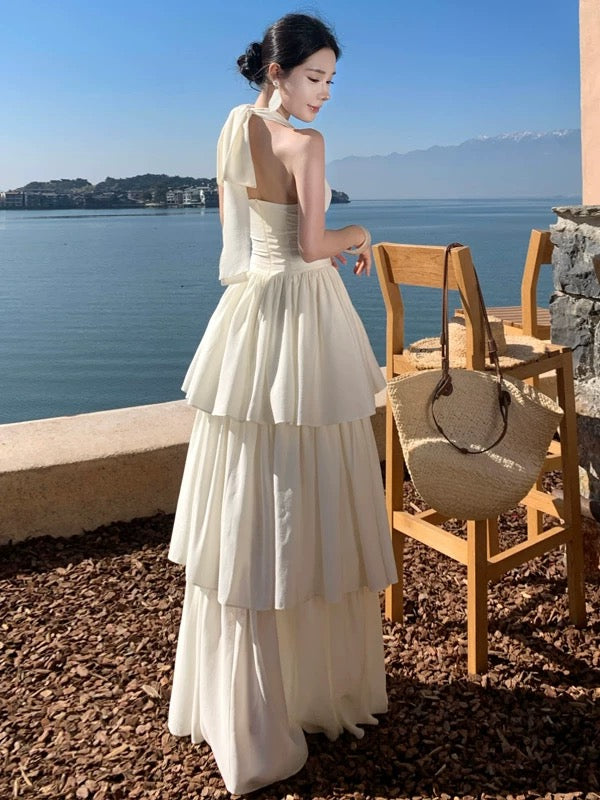 A line Halter White Chiffon Prom Dress 21st Birthday Elegant Outfit Summer Wedding Guest Dresses N4062
