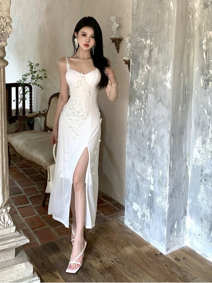 Sheath Spaghetti Strap White Mid Length 18th Birthday Elegant Outfit Wedding Guest Dresses N4063