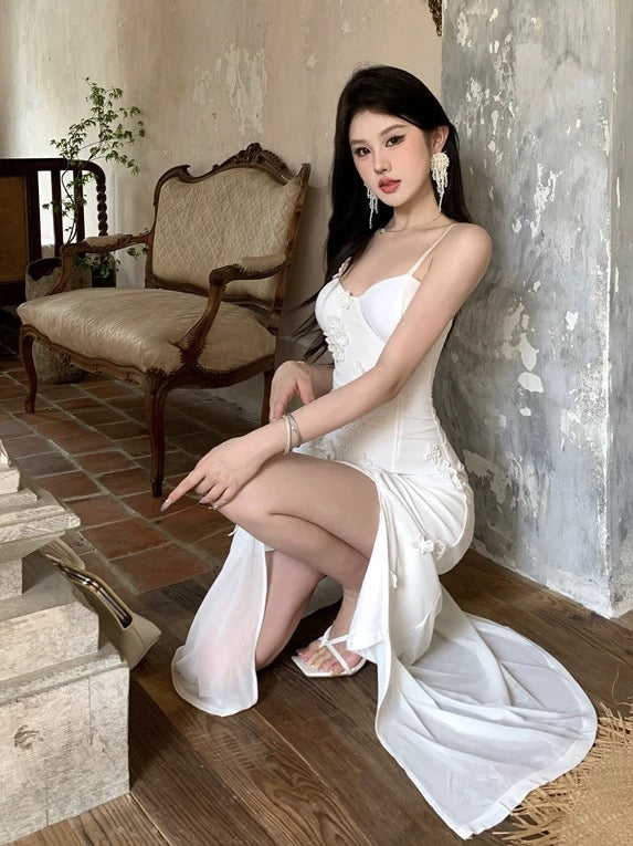 Sheath Spaghetti Strap White Mid Length 18th Birthday Elegant Outfit Wedding Guest Dresses N4063