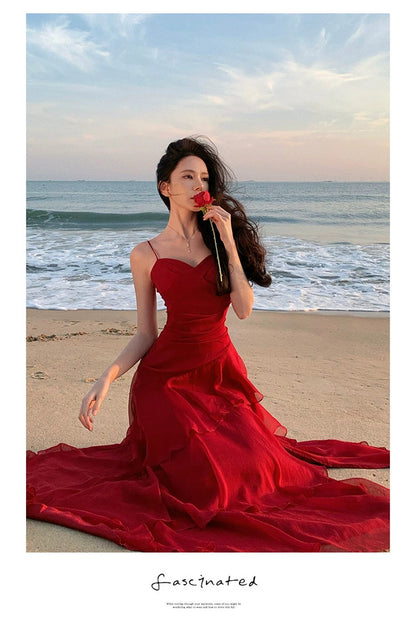 Sheath Spaghetti Strap Red Chiffon Summer Beach 18th Birthday Elegant Outfit Wedding Guest Dresses N4064