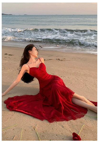 Sheath Spaghetti Strap Red Chiffon Summer Beach 18th Birthday Elegant Outfit Wedding Guest Dresses N4064