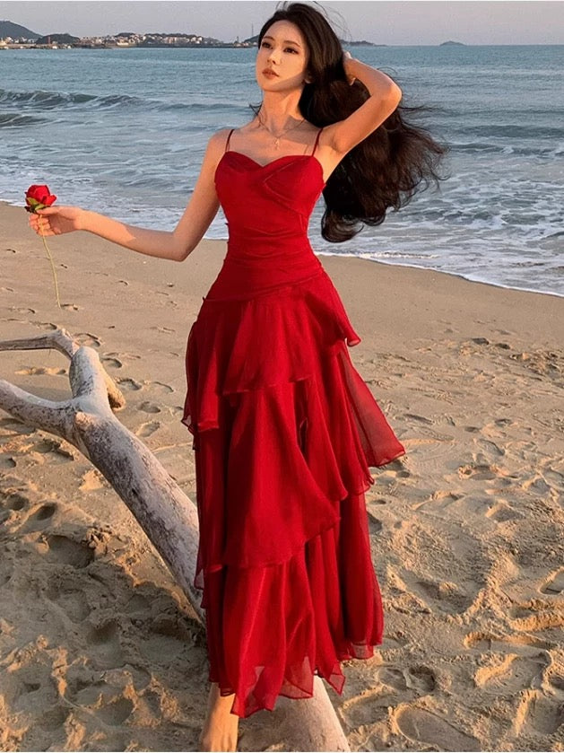 Sheath Spaghetti Strap Red Chiffon Summer Beach 18th Birthday Elegant Outfit Wedding Guest Dresses N4064