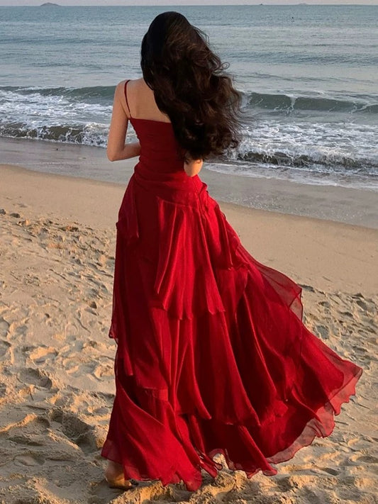 Sheath Spaghetti Strap Red Chiffon Summer Beach 18th Birthday Elegant Outfit Wedding Guest Dresses N4064