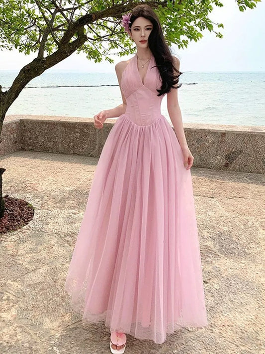 A line Halter Pink Tulle Prom Dress 21st Birthday Elegant Outfit Summer Wedding Guest Dresses N4065