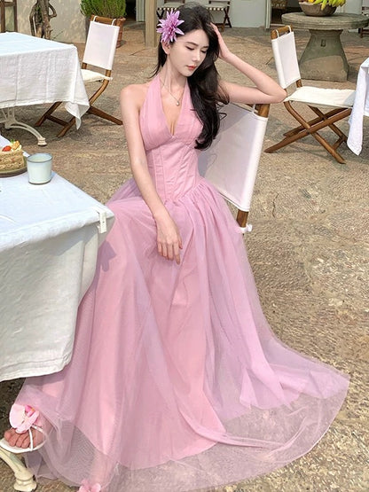 A line Halter Pink Tulle Prom Dress 21st Birthday Elegant Outfit Summer Wedding Guest Dresses N4065