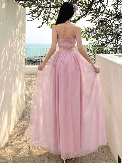A line Halter Pink Tulle Prom Dress 21st Birthday Elegant Outfit Summer Wedding Guest Dresses N4065