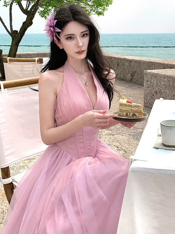 A line Halter Pink Tulle Prom Dress 21st Birthday Elegant Outfit Summer Wedding Guest Dresses N4065