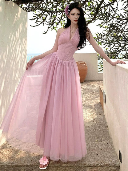A line Halter Pink Tulle Prom Dress 21st Birthday Elegant Outfit Summer Wedding Guest Dresses N4065