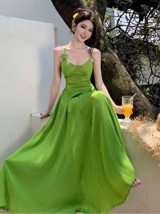 Simple A line Spaghetti Strap Green Chiffon Summer Beach 19th Birthday Elegant Outfit Wedding Guest Dresses N4066