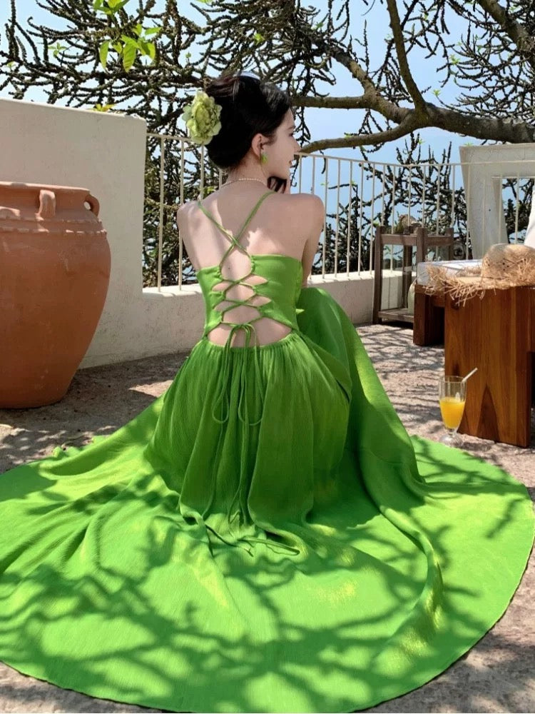 Simple A line Spaghetti Strap Green Chiffon Summer Beach 19th Birthday Elegant Outfit Wedding Guest Dresses N4066