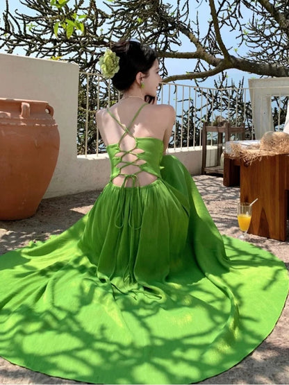 Simple A line Spaghetti Strap Green Chiffon Summer Beach 19th Birthday Elegant Outfit Wedding Guest Dresses N4066